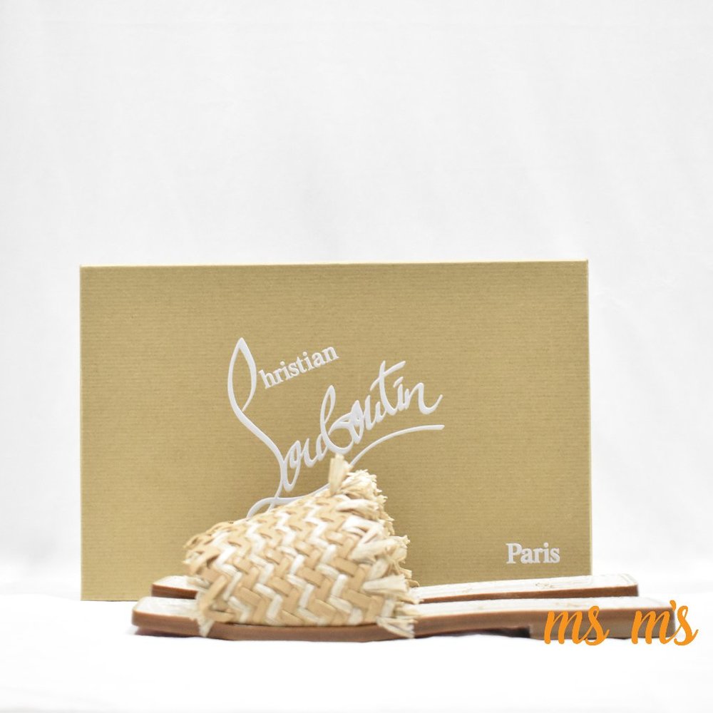 NIB CHRISTIAN LOUBOUTIN Raffia Leather Red Sole Flat Sandals